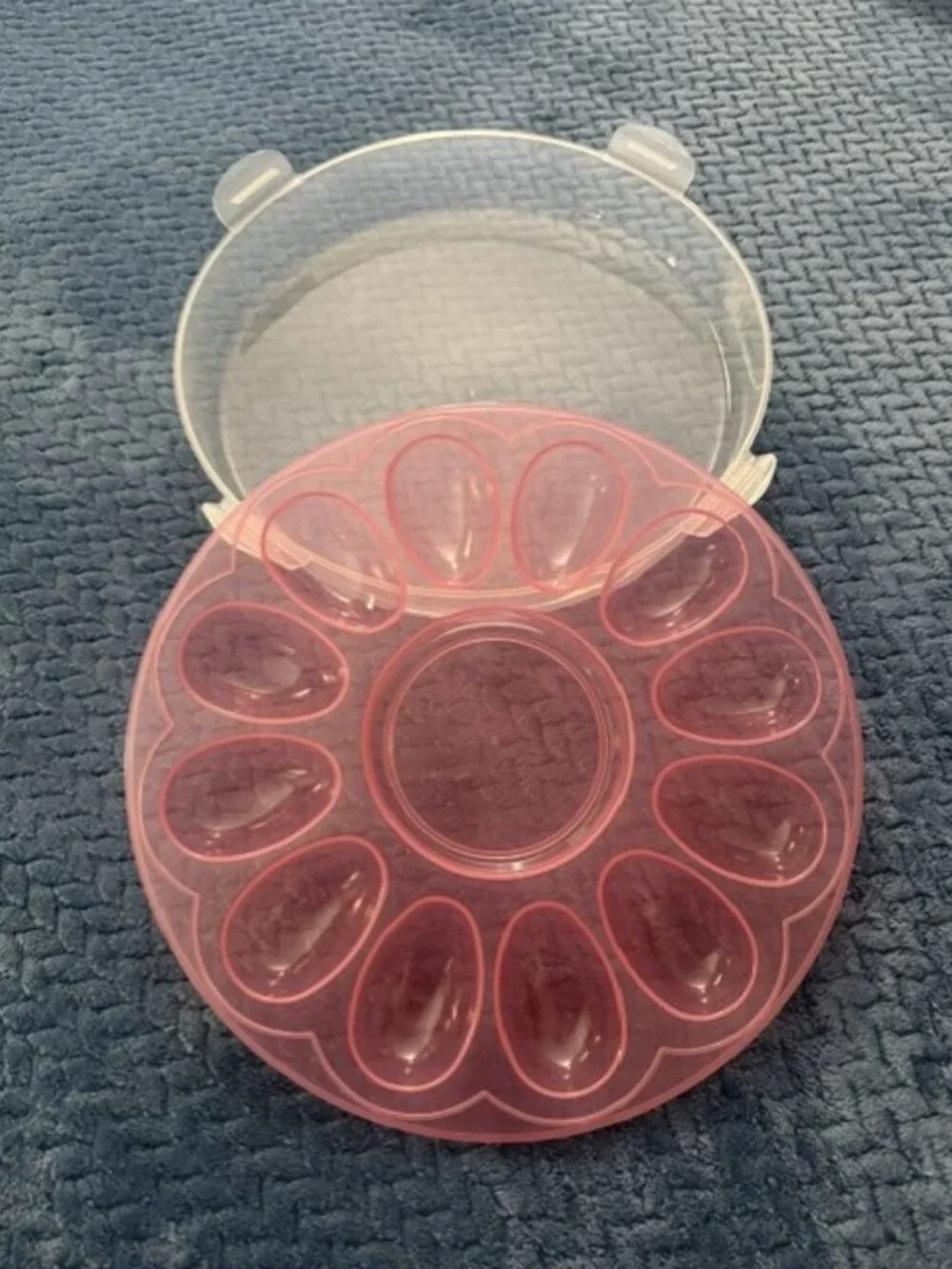 Round Pastel Pink Deviled Egg Carrier with Locking Lid – Holds 12 Eggs